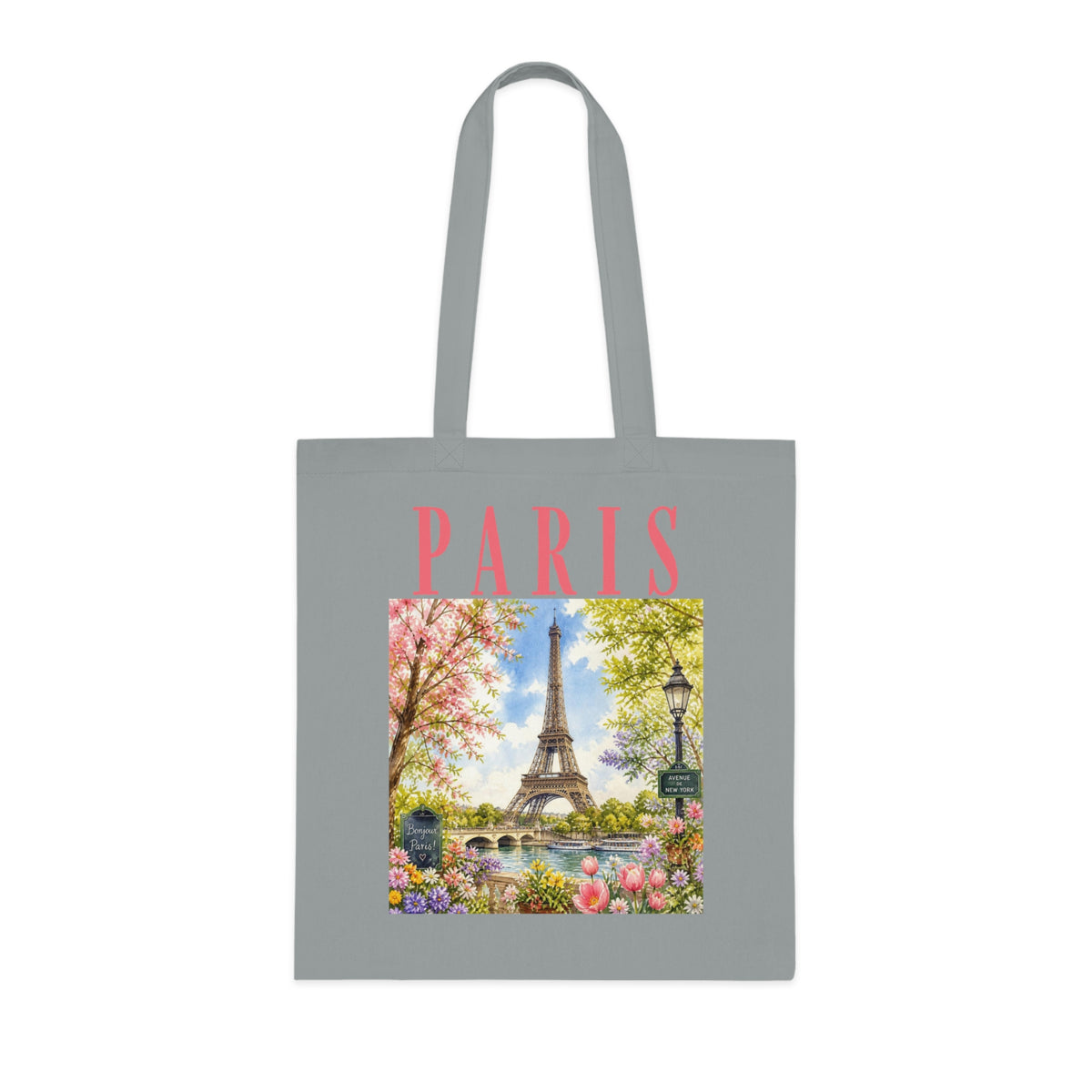 Paris Floral Tote Bag — Eiffel Tower Springtime Canvas Cotton Tote