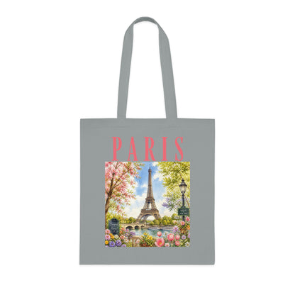 Paris Floral Tote Bag — Eiffel Tower Springtime Canvas Cotton Tote