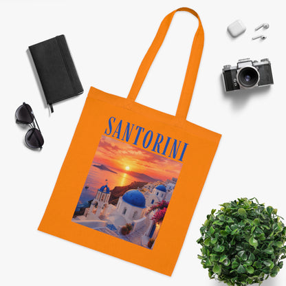 Santorini Sunset Cotton Tote Bag — Greek Island Travel Beach Tote