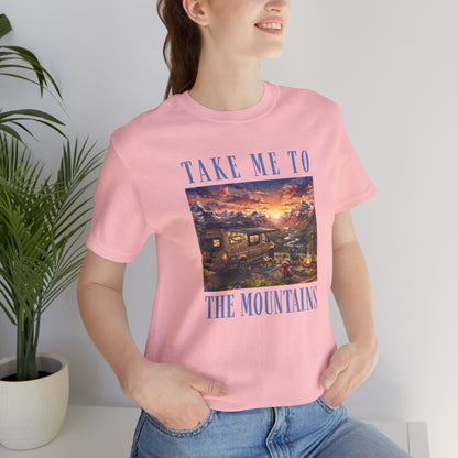 Take Me to the Mountains Sunset Tee — Scenic Cabin Sunset Graphic T-Shirt