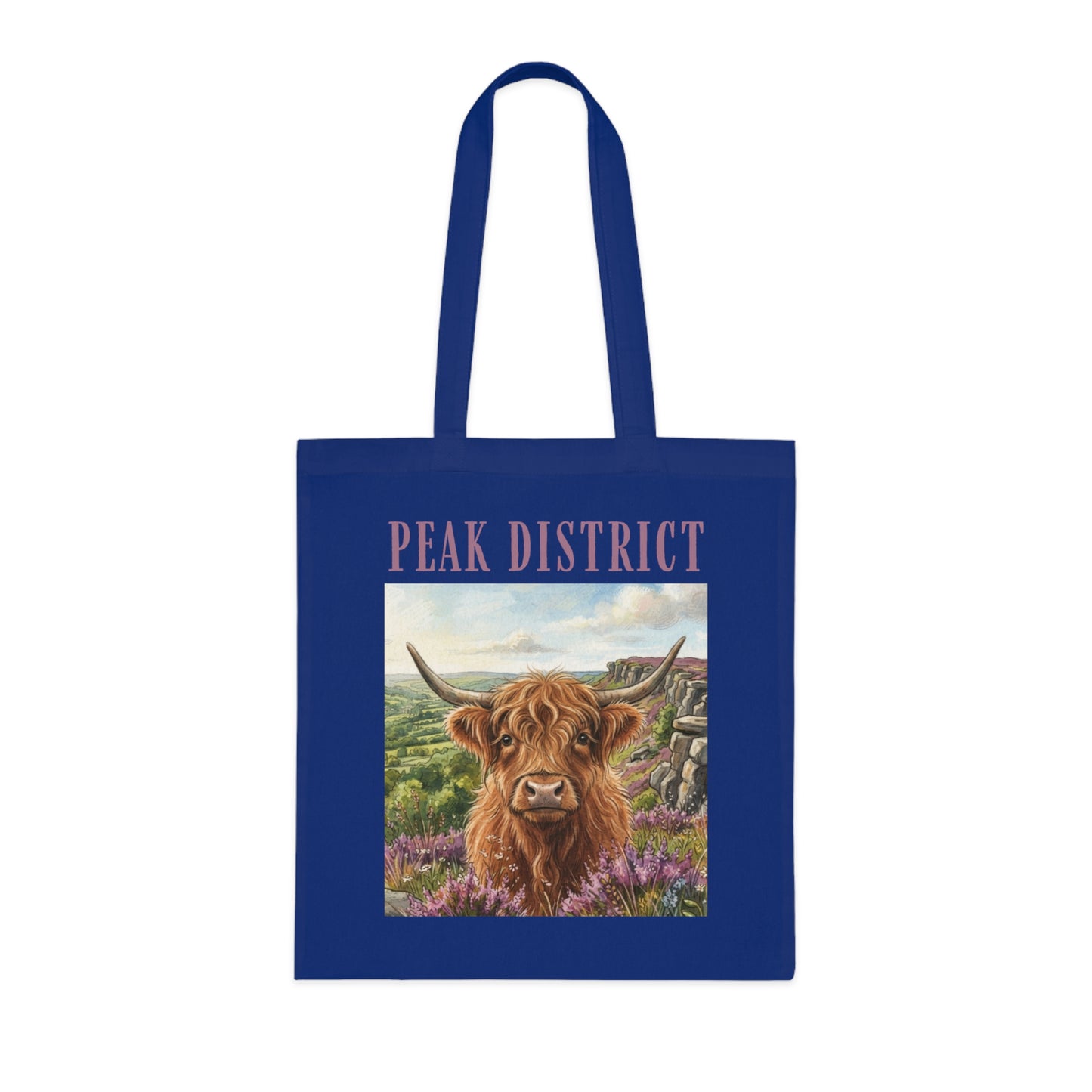 Peak District Highland Cow Tote Bag – Scenic Cotton Shopper with 'Peak District' Text