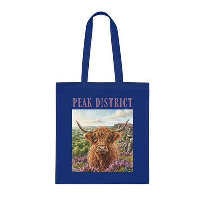 Peak District Highland Cow Tote Bag – Scenic Cotton Shopper with 'Peak District' Text