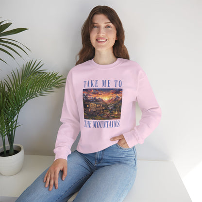 Take Me To The Mountains Sunset Crewneck Sweatshirt — Scenic Cabin Mountain Graphic