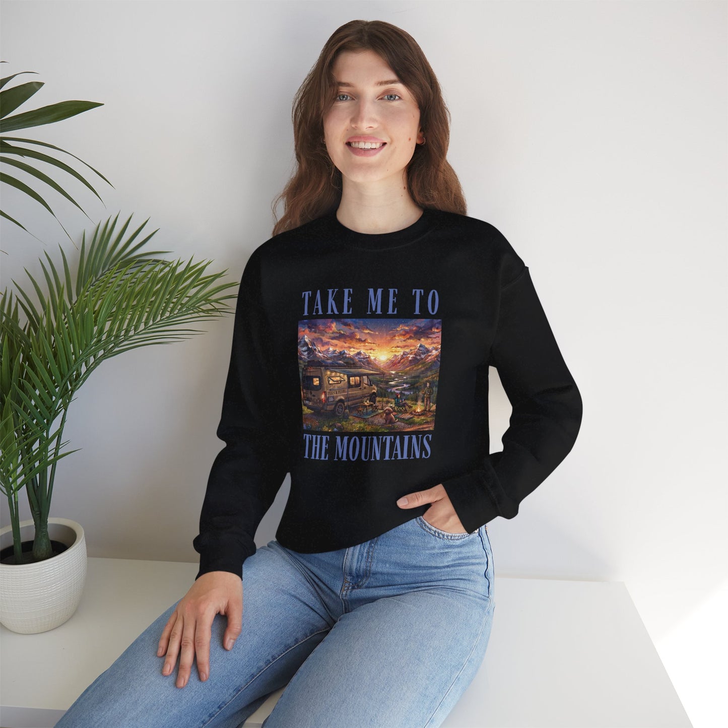 Take Me To The Mountains Sunset Crewneck Sweatshirt — Scenic Cabin Mountain Graphic