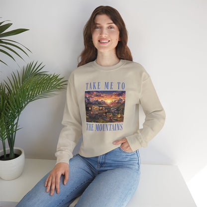 Take Me To The Mountains Sunset Crewneck Sweatshirt — Scenic Cabin Mountain Graphic