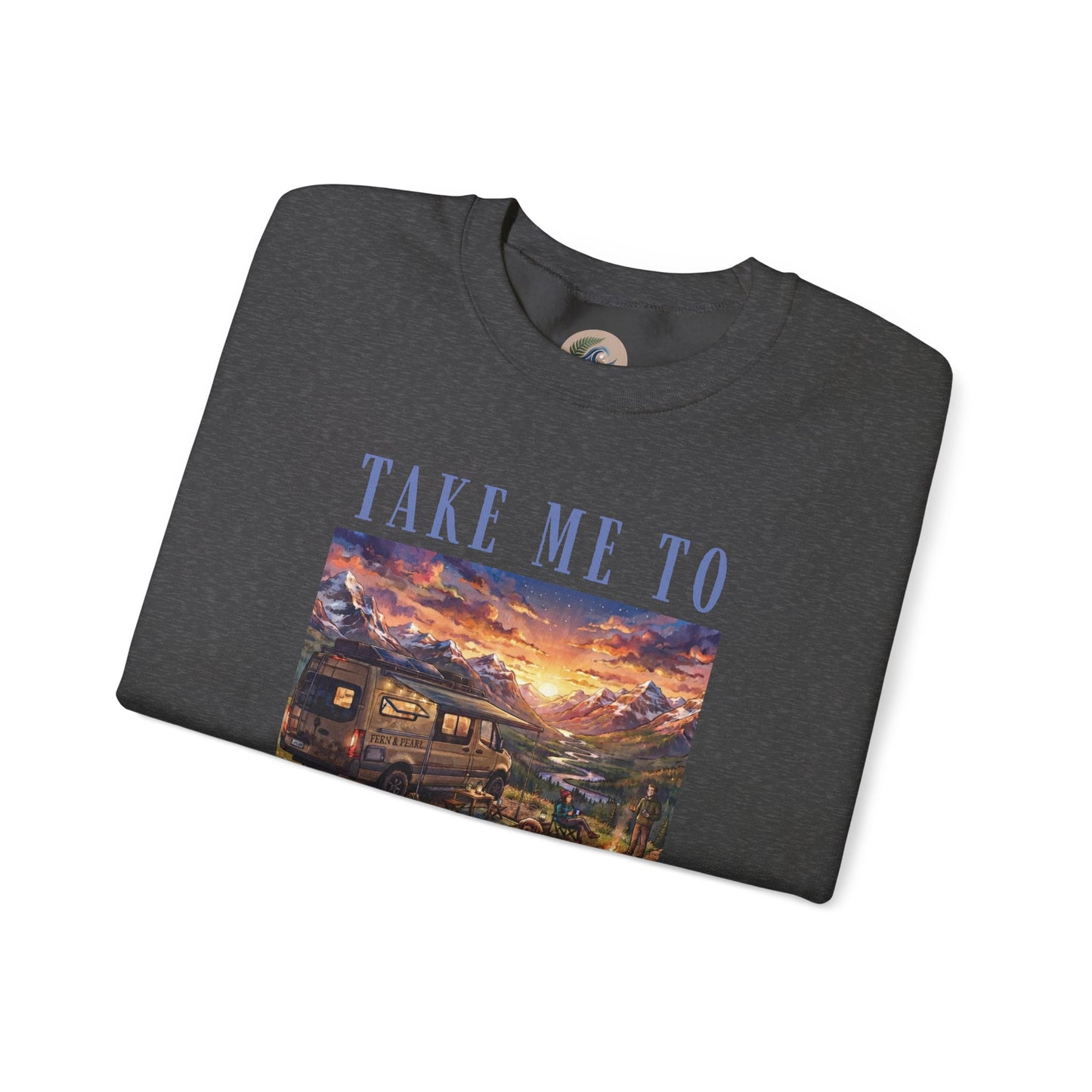 Take Me To The Mountains Sunset Crewneck Sweatshirt — Scenic Cabin Mountain Graphic