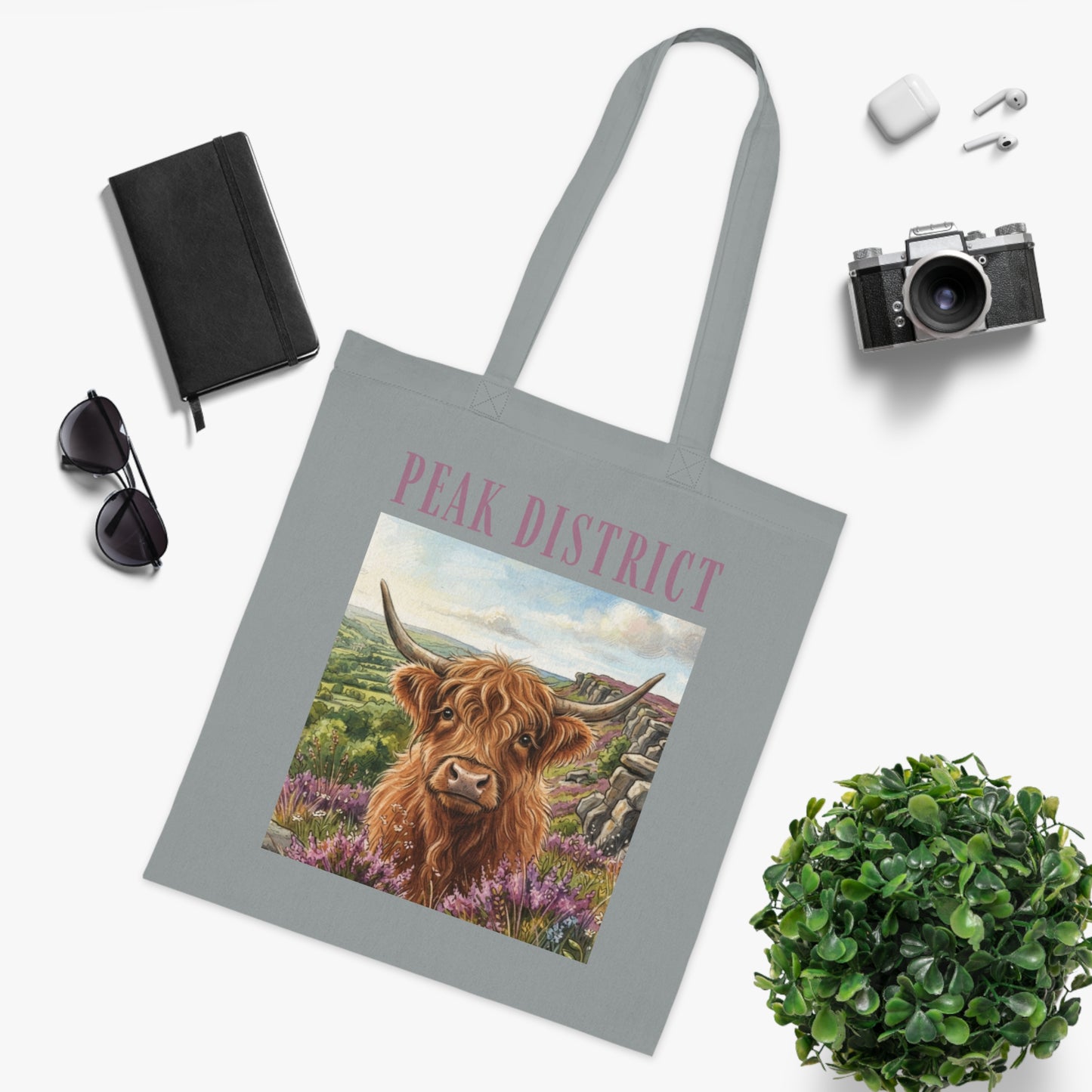 Peak District Highland Cow Tote Bag – Scenic Cotton Shopper with 'Peak District' Text