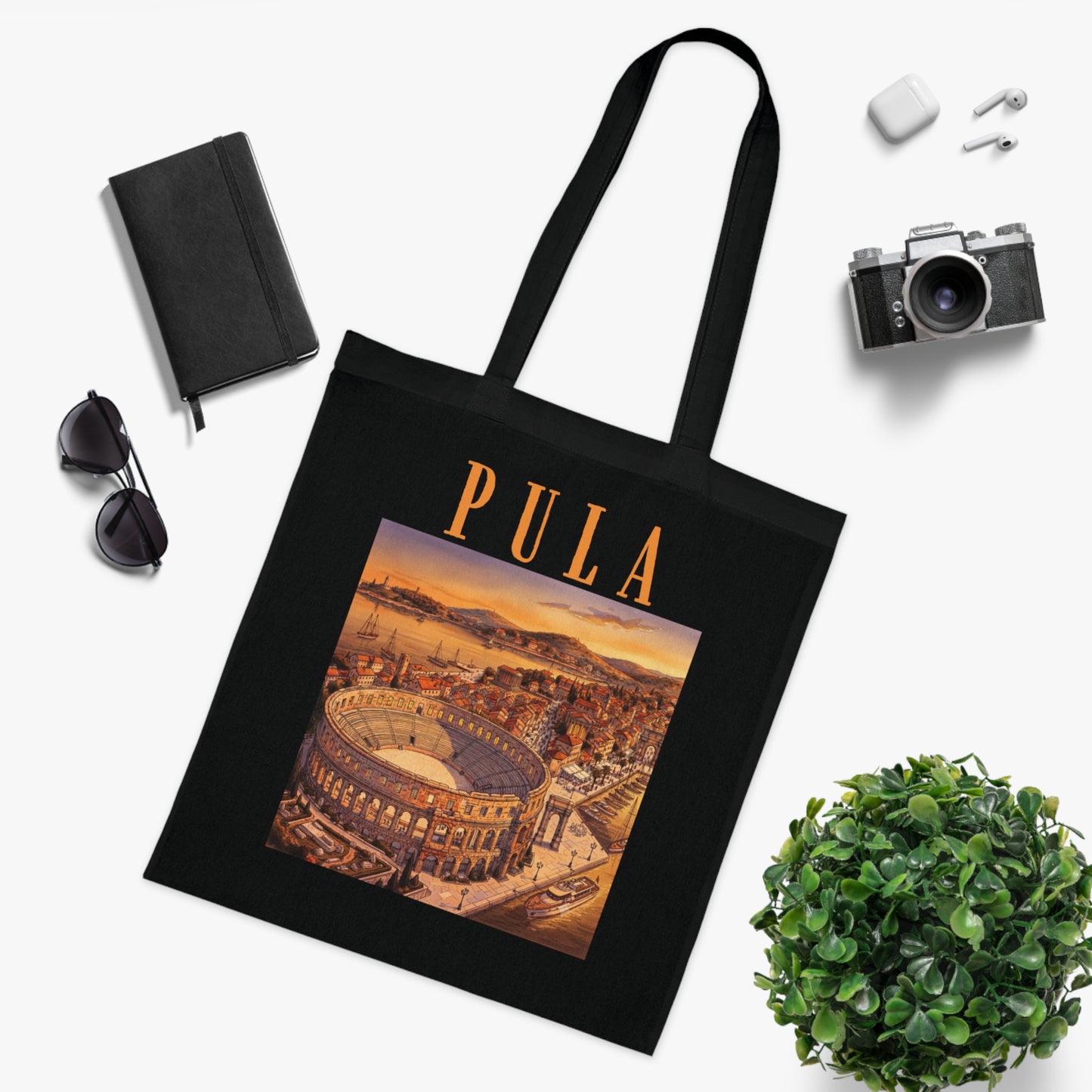 Pula Vintage Travel Tote - Retro Cityscape Cotton Bag