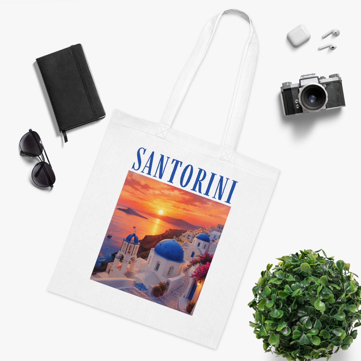 Santorini Sunset Cotton Tote Bag — Greek Island Travel Beach Tote