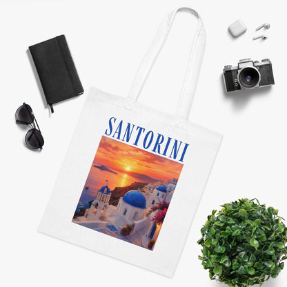 Santorini Sunset Cotton Tote Bag — Greek Island Travel Beach Tote