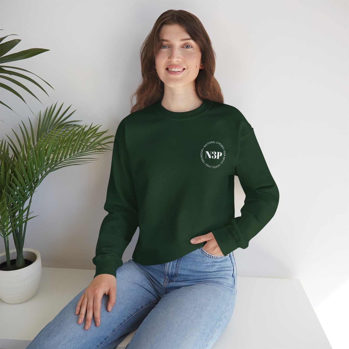 Minimal 'N3P' National 3 Peaks Logo Crewneck Sweatshirt – Small Chest Emblem, Casual Everyday Pullover