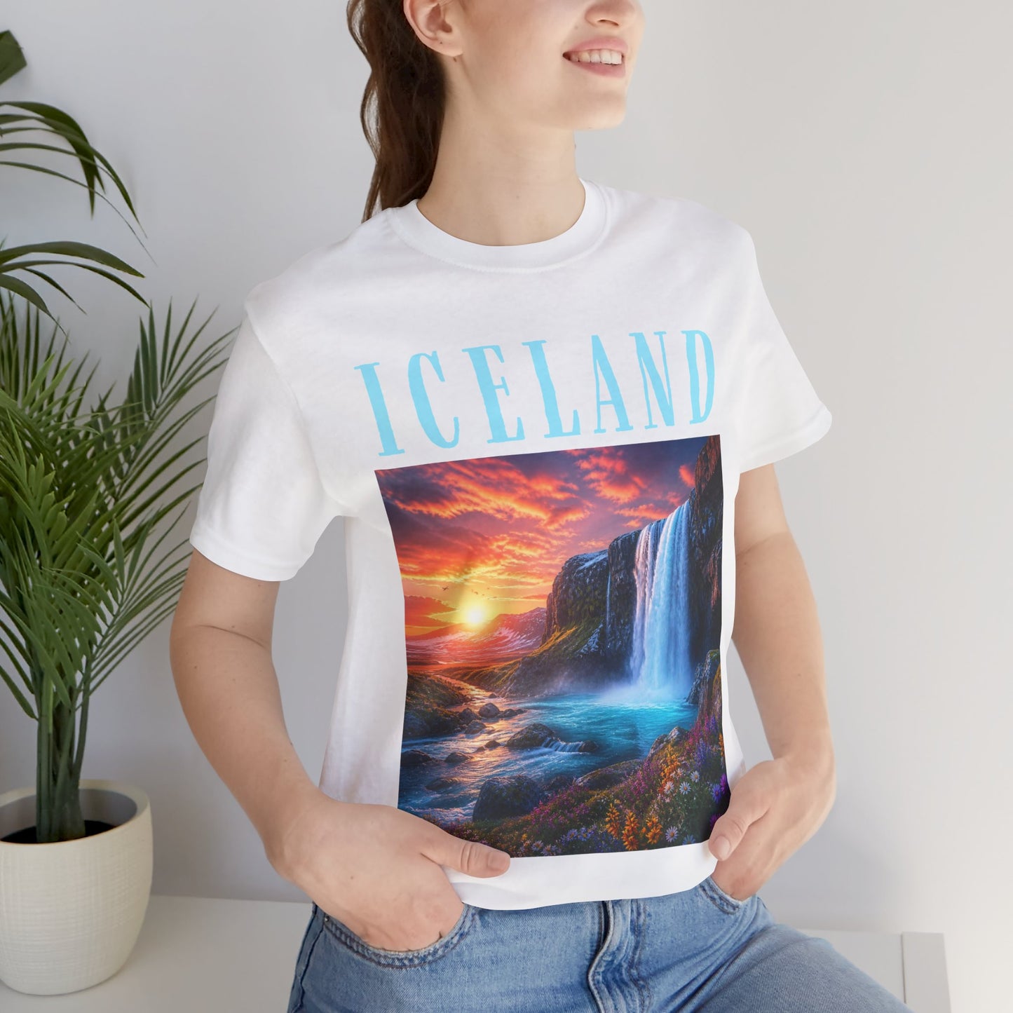 Iceland Waterfall Tee — Scenic Sunset Landscape T‑Shirt