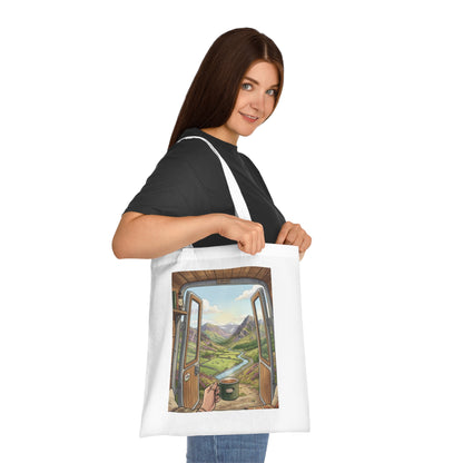 Scenic Van View Cotton Tote — 'Morning Brew' Camper Door Landscape Tote