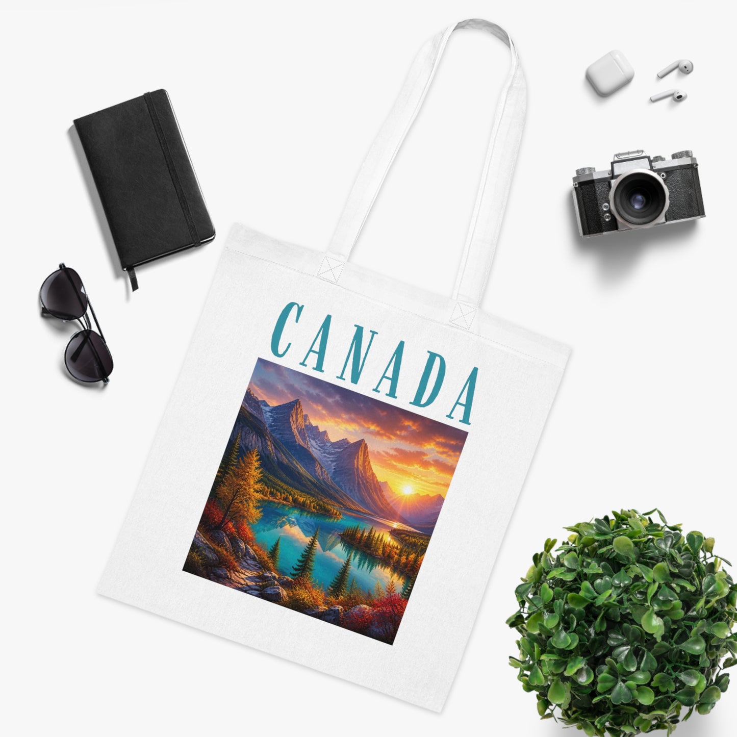 Canada Scenic Tote Bag — Mountain Lake Sunset Cotton Tote for Travel, Souvenir & Gift