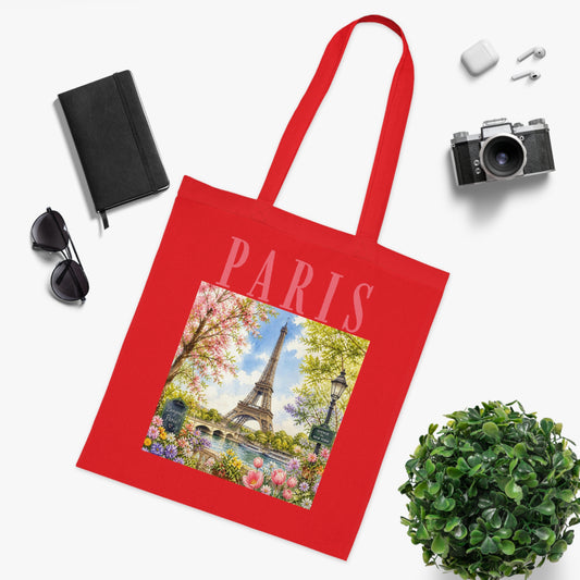 Paris Floral Tote Bag — Eiffel Tower Springtime Canvas Cotton Tote