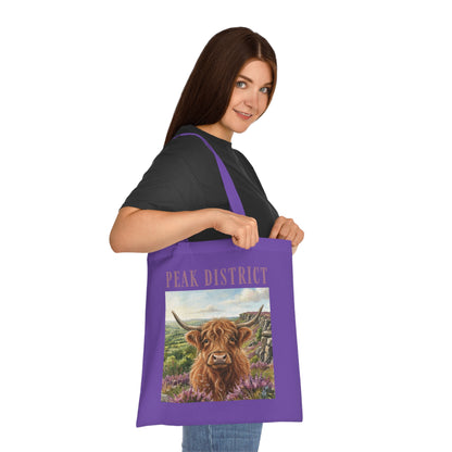 Peak District Highland Cow Tote Bag – Scenic Cotton Shopper with 'Peak District' Text