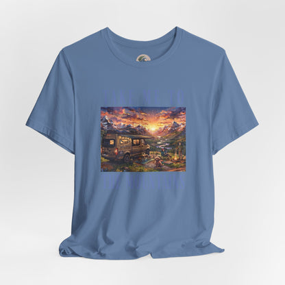 Take Me to the Mountains Sunset Tee — Scenic Cabin Sunset Graphic T-Shirt