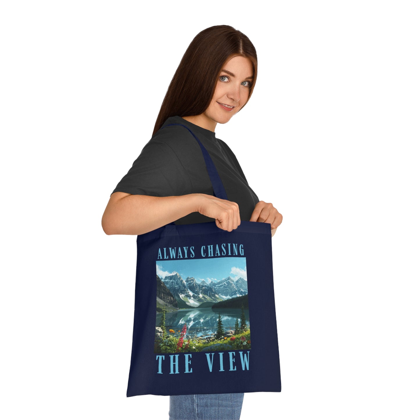 Always Chasing The View Cotton Tote — Scenic Mountain Lake Oeschinese Travel Tote