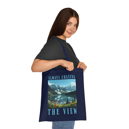 Always Chasing The View Cotton Tote — Scenic Mountain Lake Oeschinese Travel Tote