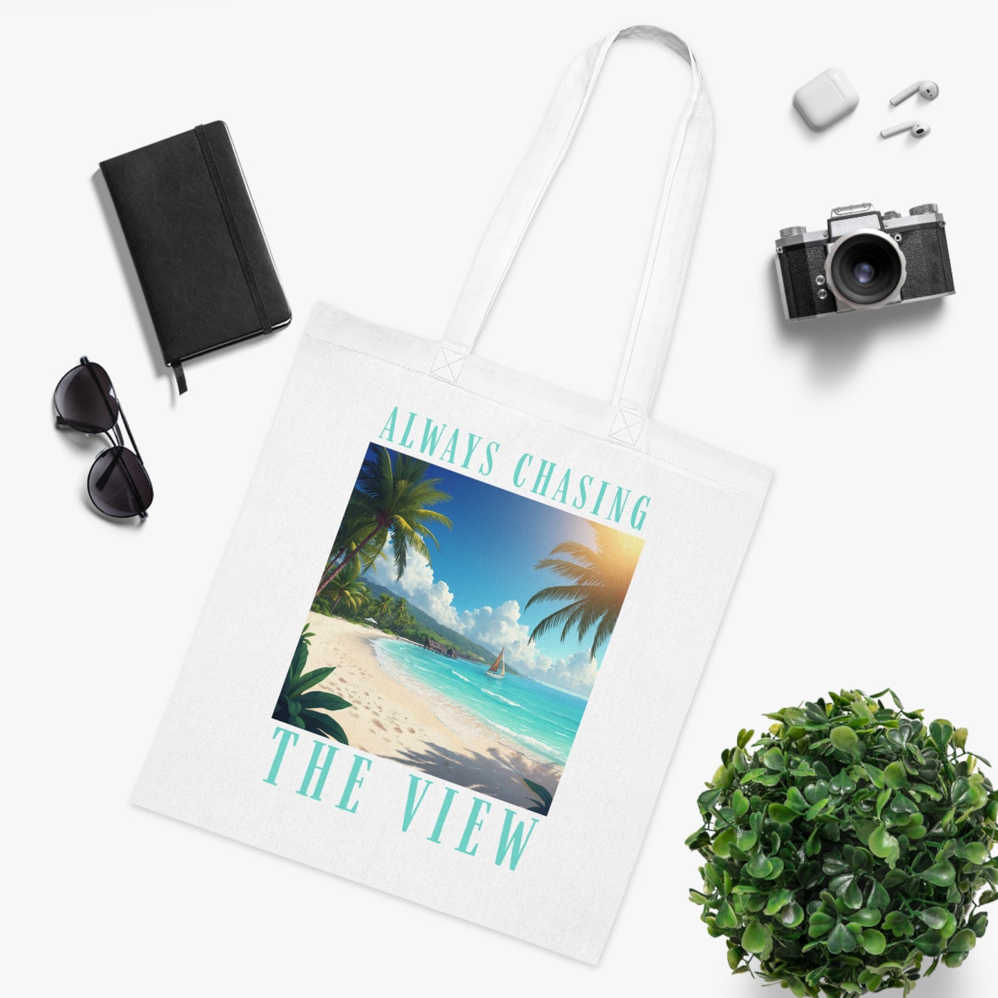 Railay Beach Tote Bag – "Always Chasing the View" Tropical Cotton Tote