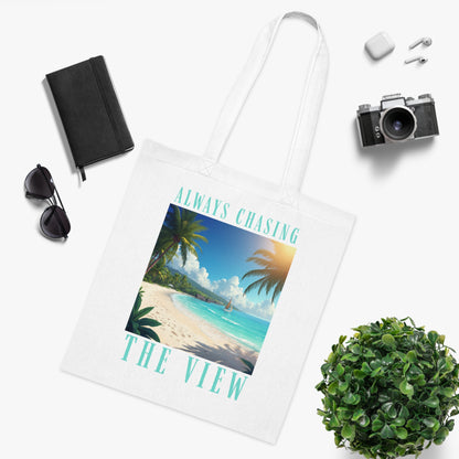 Railay Beach Tote Bag – "Always Chasing the View" Tropical Cotton Tote