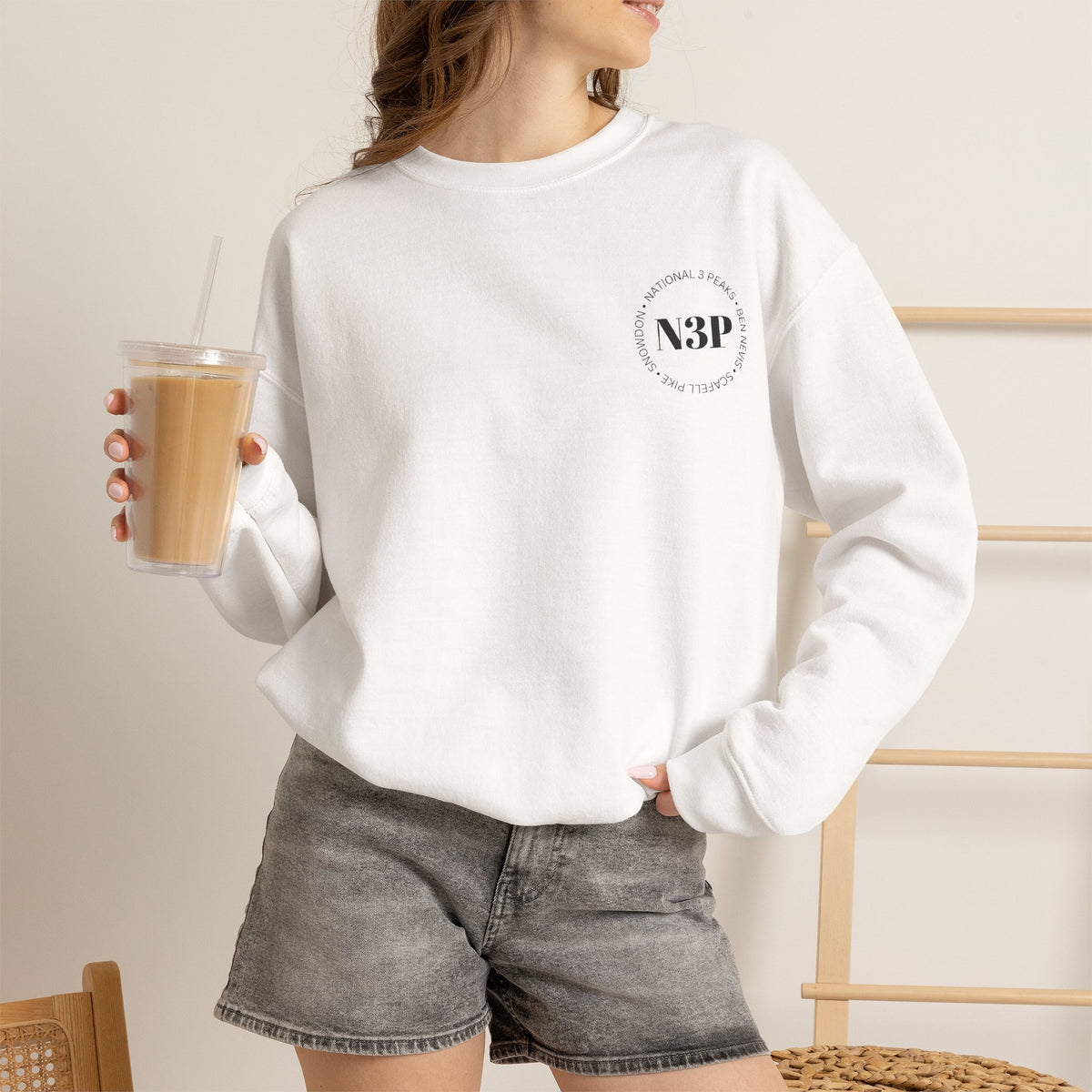 Minimal 'N3P' National 3 Peaks Logo Crewneck Sweatshirt – Small Chest Emblem, Casual Everyday Pullover
