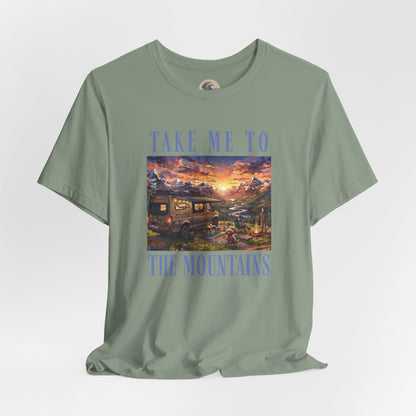 Take Me to the Mountains Sunset Tee — Scenic Cabin Sunset Graphic T-Shirt
