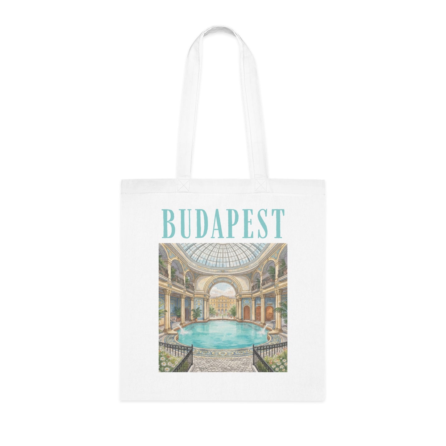Budapest Thermal Bath Cotton Tote — Vintage Spa Illustration Travel Bag