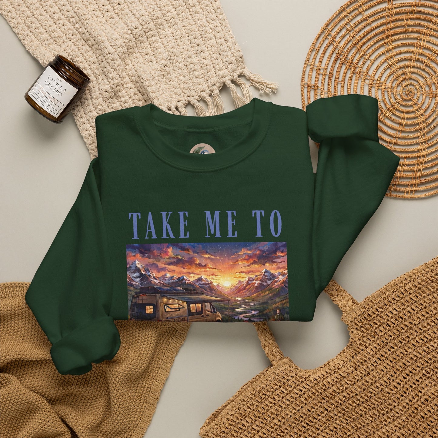 Take Me To The Mountains Sunset Crewneck Sweatshirt — Scenic Cabin Mountain Graphic