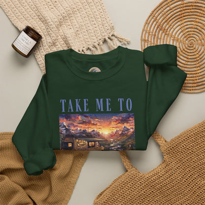 Take Me To The Mountains Sunset Crewneck Sweatshirt — Scenic Cabin Mountain Graphic