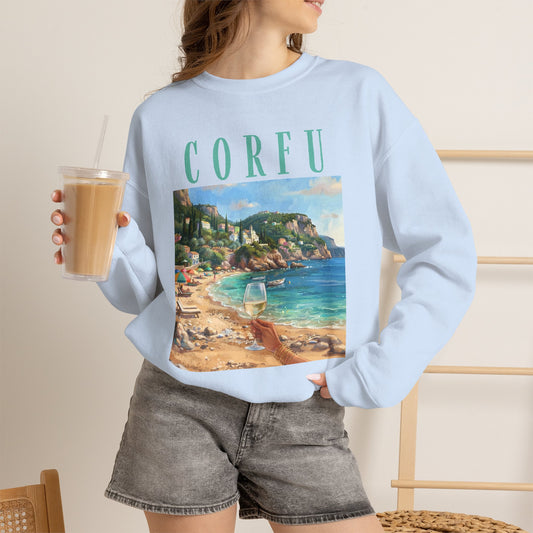 Corfu Beach Vintage Crewneck Sweatshirt – Coastal Travel Graphic