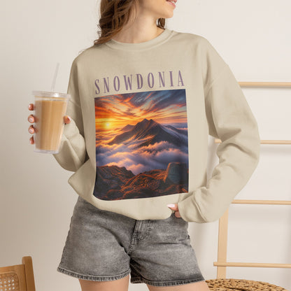 Snowdonia Sunset Crewneck Sweatshirt — Scenic Mountain Graphic