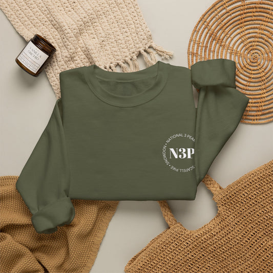 Minimal 'N3P' National 3 Peaks Logo Crewneck Sweatshirt – Small Chest Emblem, Casual Everyday Pullover