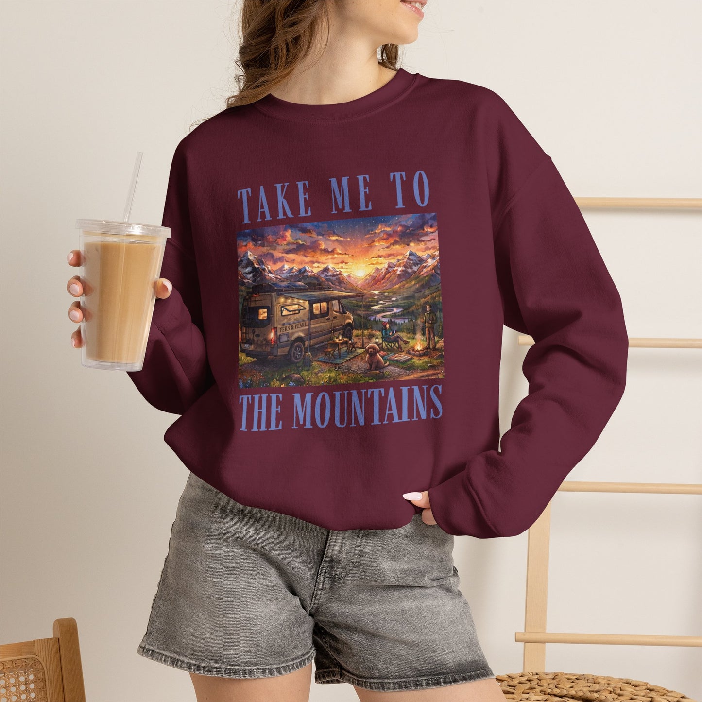 Take Me To The Mountains Sunset Crewneck Sweatshirt — Scenic Cabin Mountain Graphic