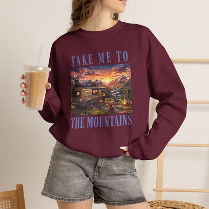 Take Me To The Mountains Sunset Crewneck Sweatshirt — Scenic Cabin Mountain Graphic