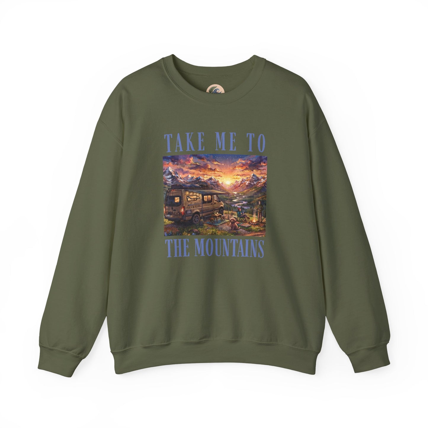 Take Me To The Mountains Sunset Crewneck Sweatshirt — Scenic Cabin Mountain Graphic