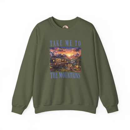 Take Me To The Mountains Sunset Crewneck Sweatshirt — Scenic Cabin Mountain Graphic
