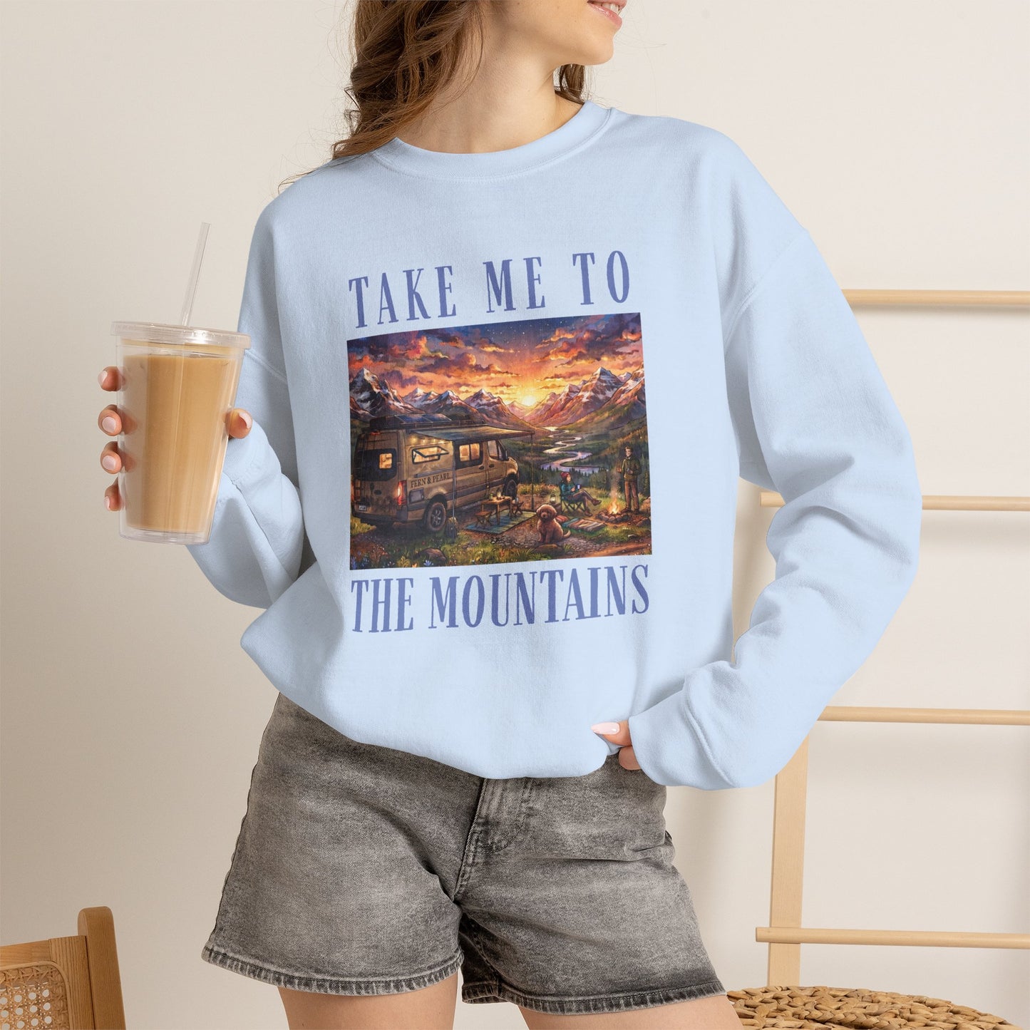 Take Me To The Mountains Sunset Crewneck Sweatshirt — Scenic Cabin Mountain Graphic