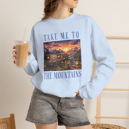 Take Me To The Mountains Sunset Crewneck Sweatshirt — Scenic Cabin Mountain Graphic