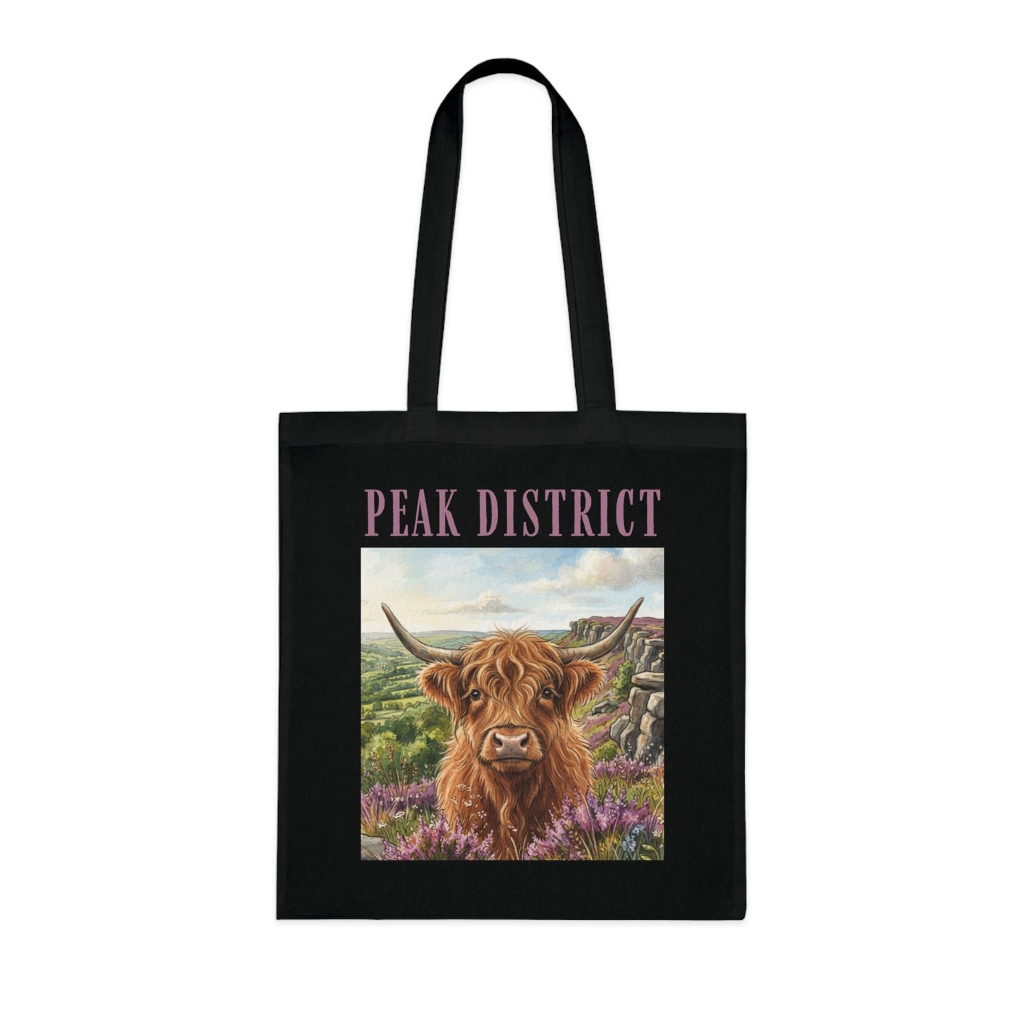 Peak District Highland Cow Tote Bag – Scenic Cotton Shopper with 'Peak District' Text