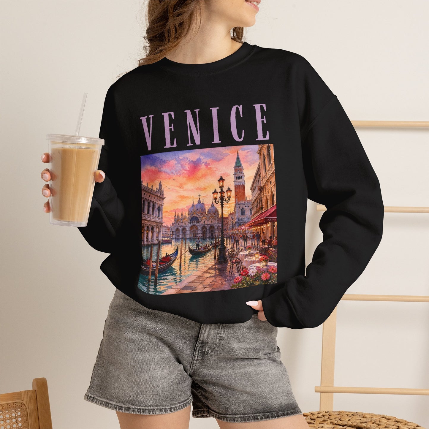 Venice Sunset Crewneck Sweatshirt — Vintage Canal Travel Graphic