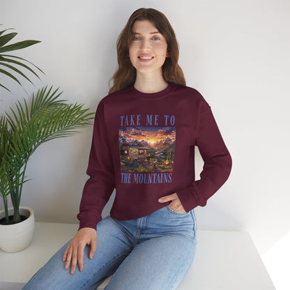 Take Me To The Mountains Sunset Crewneck Sweatshirt — Scenic Cabin Mountain Graphic