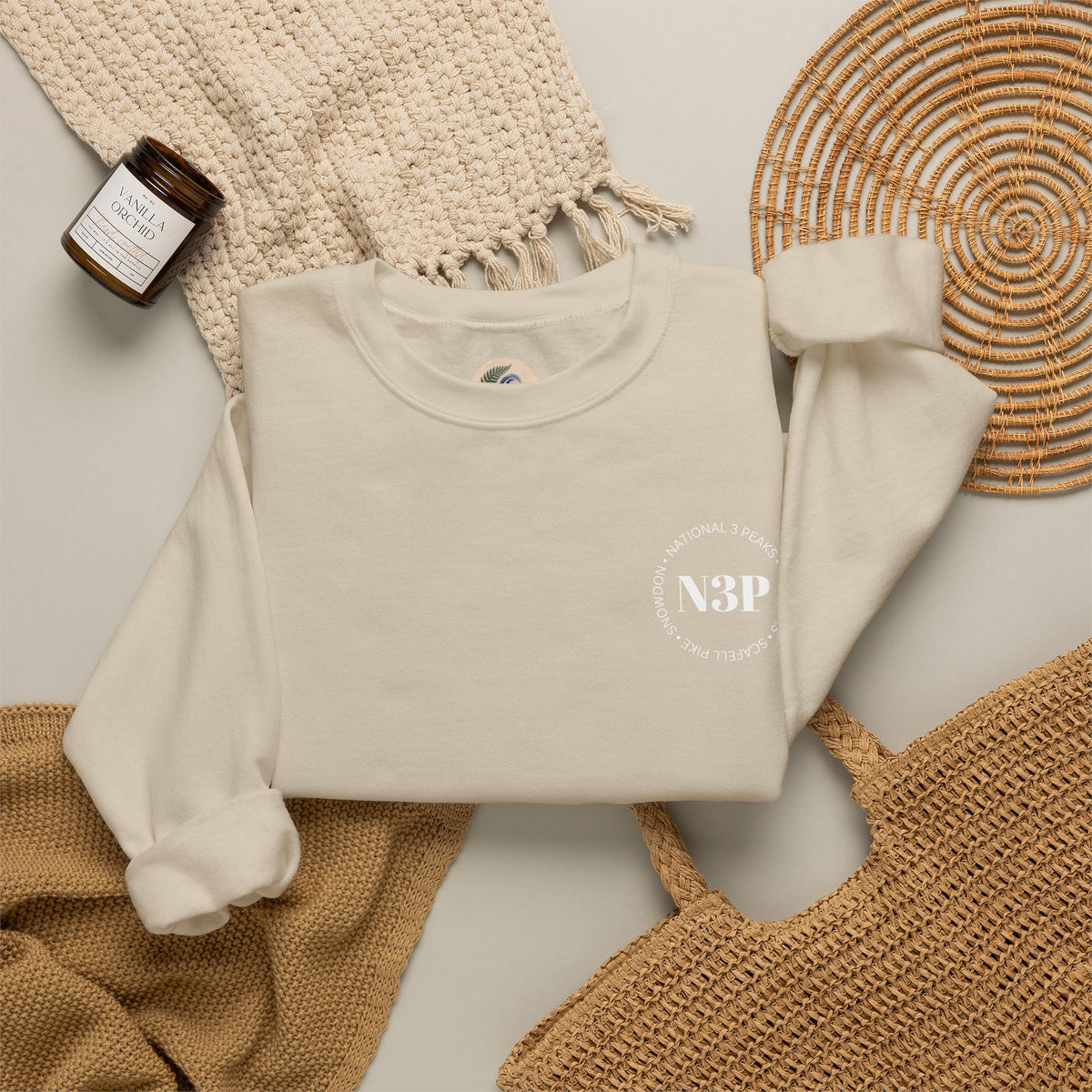 Minimal 'N3P' National 3 Peaks Logo Crewneck Sweatshirt – Small Chest Emblem, Casual Everyday Pullover