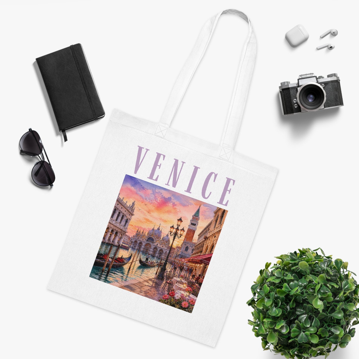 Venice Cotton Tote Bag - Vintage Sunset Canal Travel Tote