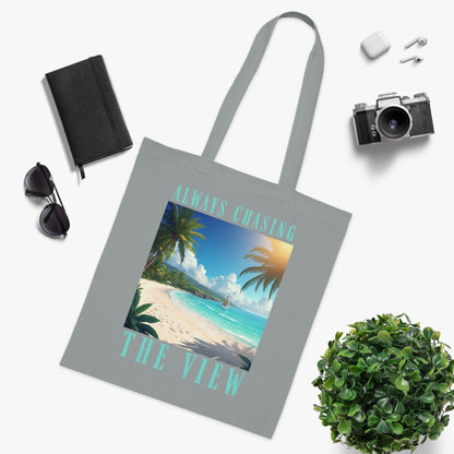 Railay Beach Tote Bag – "Always Chasing the View" Tropical Cotton Tote