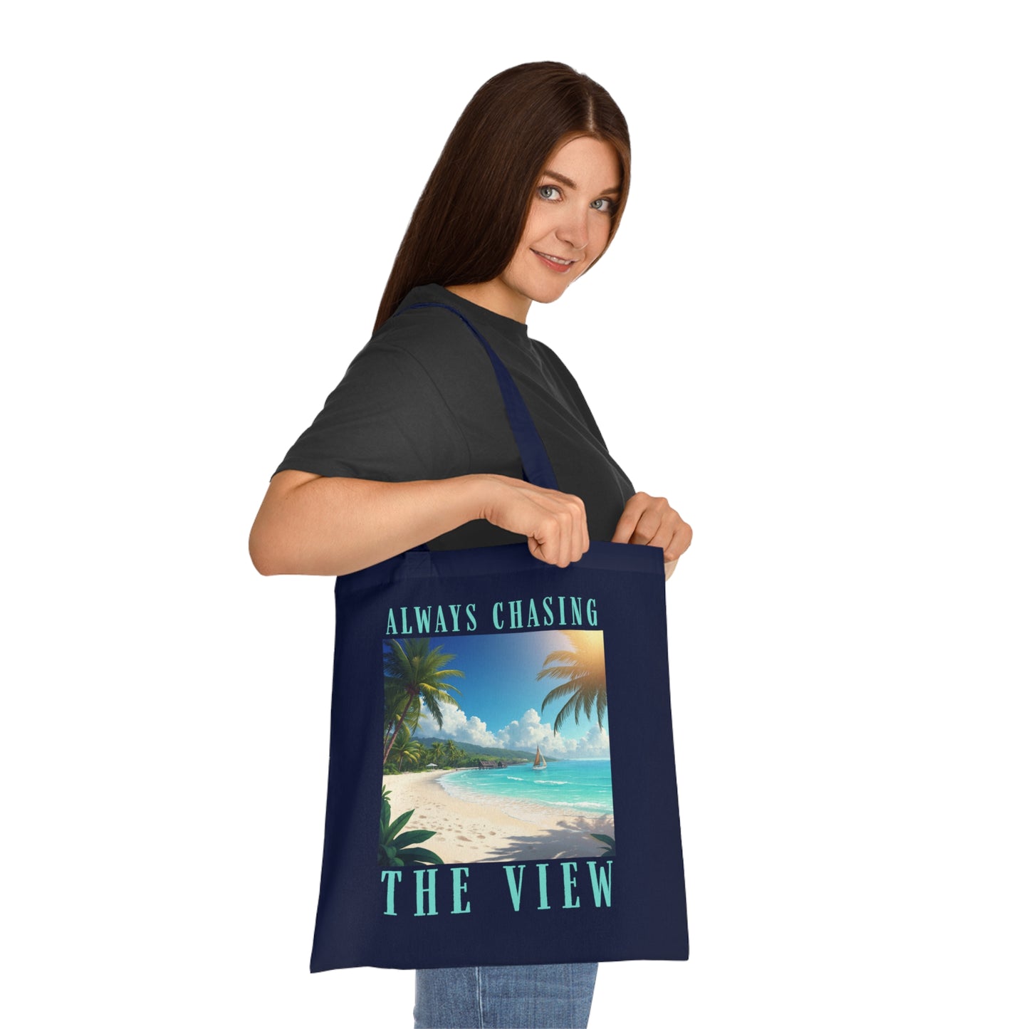 Railay Beach Tote Bag – "Always Chasing the View" Tropical Cotton Tote