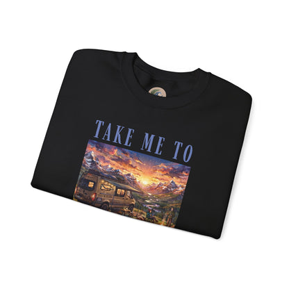 Take Me To The Mountains Sunset Crewneck Sweatshirt — Scenic Cabin Mountain Graphic