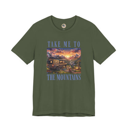 Take Me to the Mountains Sunset Tee — Scenic Cabin Sunset Graphic T-Shirt