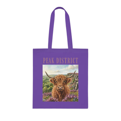 Peak District Highland Cow Tote Bag – Scenic Cotton Shopper with 'Peak District' Text