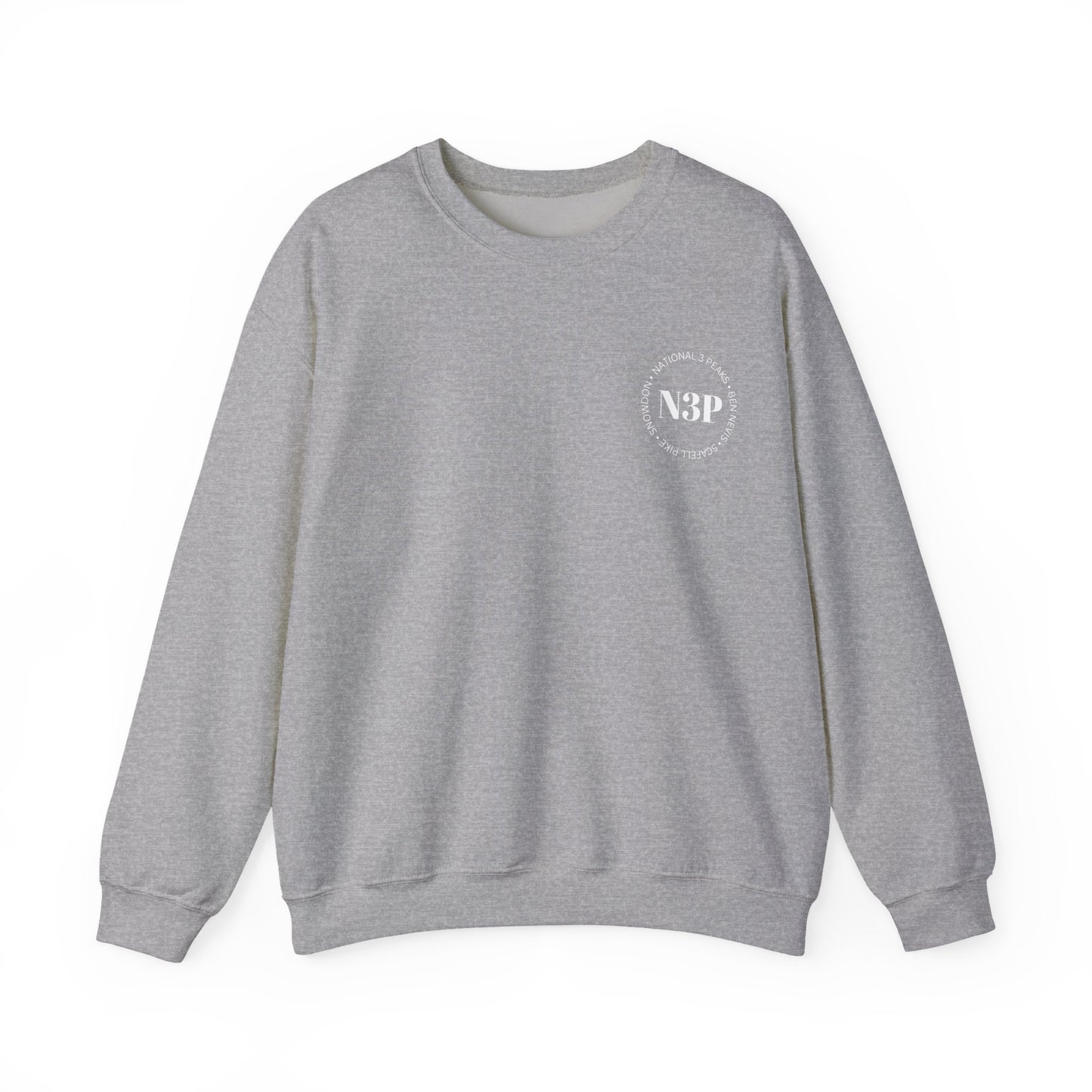 Minimal 'N3P' National 3 Peaks Logo Crewneck Sweatshirt – Small Chest Emblem, Casual Everyday Pullover